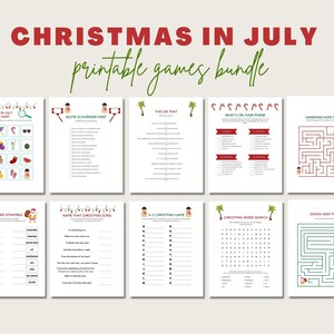 Op de afbeelding: Een printbare bundel met spellen met een kerstthema in juli. De spellen omvatten een woordenscramble, een kerstliedjes-raadspel, een speurtocht, een doolhof, een woordzoeker en een "dit of dat"-spel.