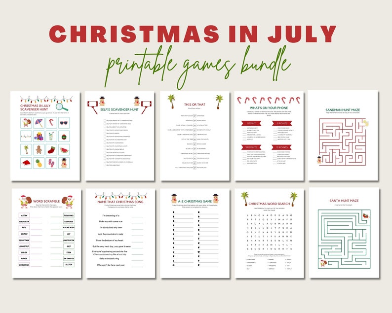 Op de afbeelding: Een printbare bundel met spellen met een kerstthema in juli. De spellen omvatten een woordenscramble, een kerstliedjes-raadspel, een speurtocht, een doolhof, een woordzoeker en een "dit of dat"-spel.