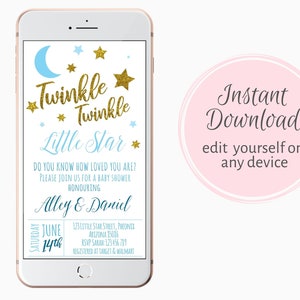 Twinkle twinkle Little Star Baby Shower Invitation, blue, gold, e-invitation, electronic invite, template