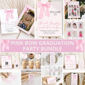 May include: Pink bow graduation party printable bundle with a welcome sign, invitation, photo booth props, cupcake toppers, thank you cards, and more. The text on the welcome sign reads "Hannah Kingsley's graduation party".