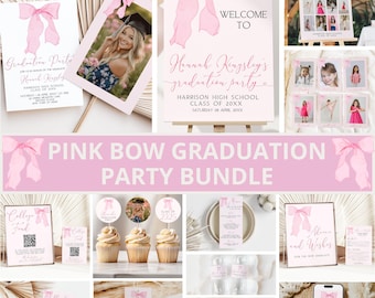 Pink Bow Graduation Invitation Bundle, Pink Graduation Party Bundle, Grad Party, Pink Bow Graduation Party Decor, High School, CanvaTemplate