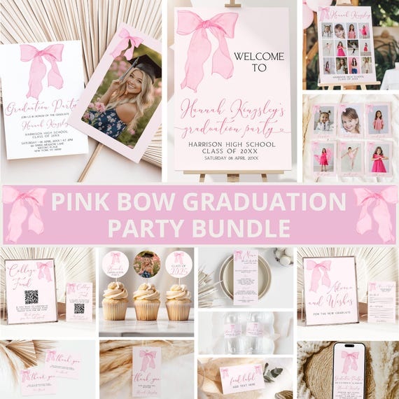 Pink Bow Graduation Invitation Bundle, Pink Graduation Party Bundle, Grad Party, Pink Bow Graduation Party Decor, High School, CanvaTemplate