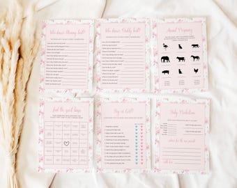 Pink Bow Baby Shower Games Bundle, Pink Rose Baby Shower Games, Pink Baby Shower Games, Girl Baby Shower Games, Minimal, Template