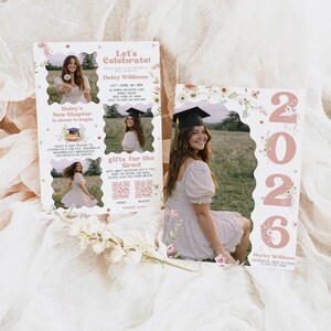 May include: Two graduation announcement cards featuring photos of a graduate in a light-colored dress and cap. The cards include text such as Let's Celebrate, Haley Williams, 2026, and details about a graduation party, plus QR codes for gifts.