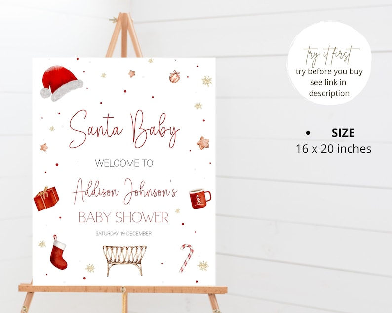Santa Baby Shower Welcome Sign, Christmas Baby Shower Decorations, Winter Baby Shower Decor, Santa Baby Welcome Sign, Editable Template image 2