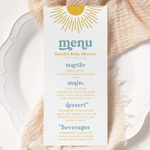 Hier komt het zoon baby shower menu, Sunshine baby shower menukaart, baby shower menukaart, bewerkbare sjabloon