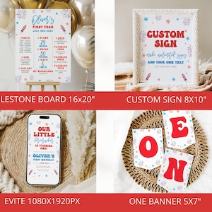 May include: A set of printable digital files for a first birthday party with a red, white, and blue fireworks theme. The set includes a milestone board, a custom sign, an evite, and a banner that says "ONE".