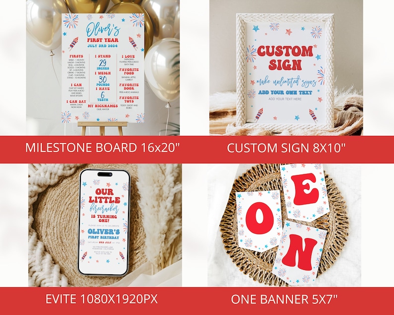 May include: A set of printable digital files for a first birthday party with a red, white, and blue fireworks theme. The set includes a milestone board, a custom sign, an evite, and a banner that says "ONE".