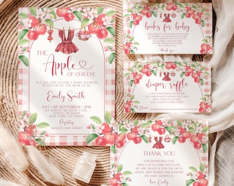 Apple of Our Eye Baby Shower Invitation Suite, Apple Baby Shower Invite, Books for Baby, Thank you, Canva Template