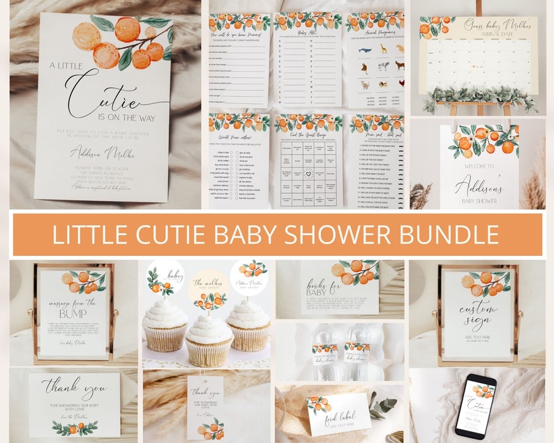 Little Cutie Baby Shower Invitation Bundle, Cutie Baby Shower Bundle, Orange Baby Shower Invitation , Citrus Baby Shower, Editable Template image 1