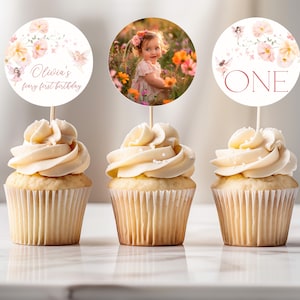 Fairy First Birthday Cupcake Topper, Fairy Birthday cupcake Topper, Garden Party Birthday Cupcake, Fairy First Birthday Decor, Template