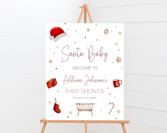 Santa Baby Shower Welcome Sign, Christmas Baby Shower Decorations, Winter Baby Shower Decor, Santa Baby Welcome Sign, Editable Template