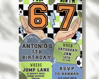 Sports 6 7 Birthday Invitation, Boy 6-7 Birthday Invite, 7th Birthday Invite, Sport Theme, 5x7" Canva Template