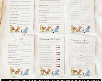 May include: A set of 25 Winnie the Pooh baby shower games templates. The games include "Who Knows Mommy Best?", "Who Knows Daddy Best?", "Baby ABC", "Nursery Rhymes", "Mom Said - Dad Said", and "Find the Guest Bingo". The templates feature illustrations of Winnie the Pooh and friends.
