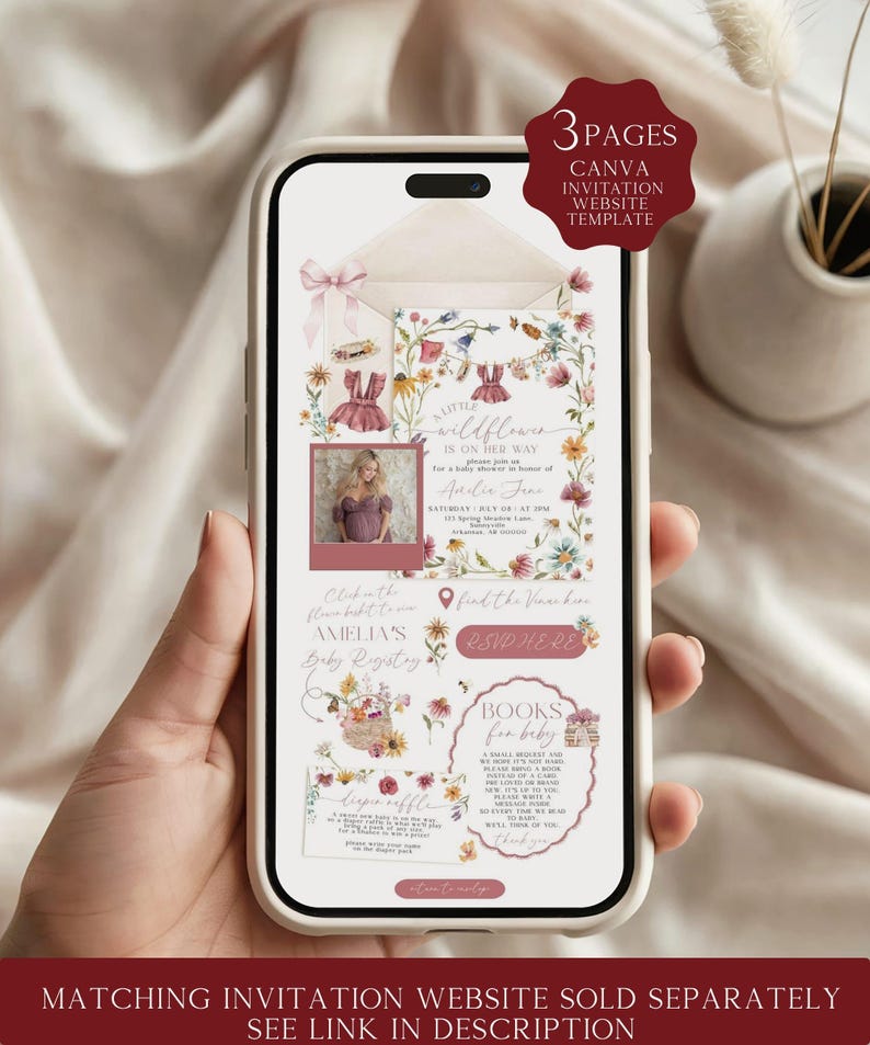 May include: A smartphone displaying a three-page digital baby shower invitation website template featuring floral illustrations, a pink envelope, a photo placeholder, and text including A Little Wildflower Is On Her Way, Amelia's Baby Registry, and RSVP Here.