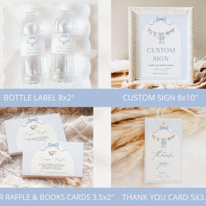 Pu&ograve; includere: Un set di cancelleria per baby shower con strisce verticali azzurre e un'illustrazione di un filo per il bucato. Include due etichette per bottiglie d'acqua, un cartello personalizzato, due biglietti per lotteria di pannolini e un cartellino.