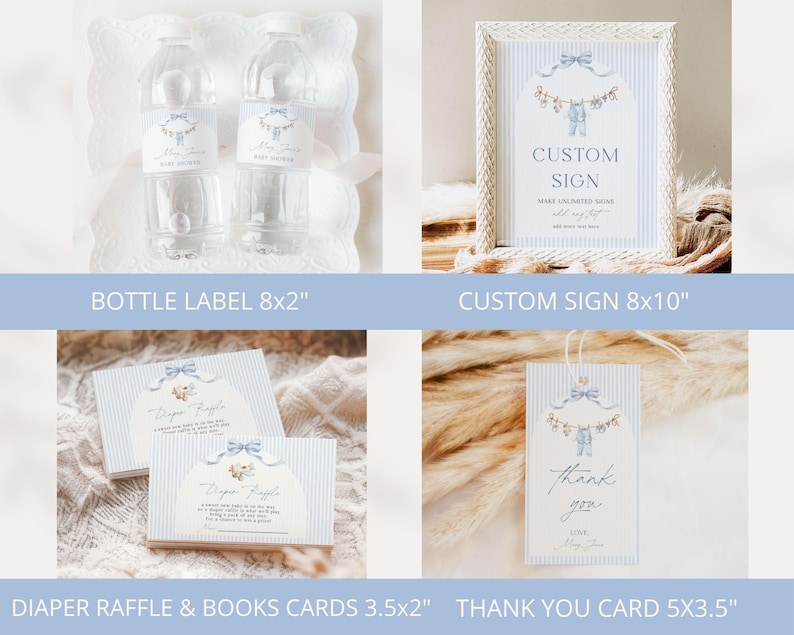 Pu&ograve; includere: Un set di cancelleria per baby shower con strisce verticali azzurre e un'illustrazione di un filo per il bucato. Include due etichette per bottiglie d'acqua, un cartello personalizzato, due biglietti per lotteria di pannolini e un cartellino.