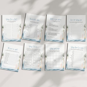 May include: A set of printable baby shower games with a tropical theme. The games include "Baby Name ABC", "What's in your phone", "Baby Word Scramble", "Baby Bingo", "The Price is Right", and "World Mom Trivia".