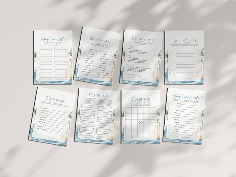 May include: A set of printable baby shower games with a tropical theme. The games include "Baby Name ABC", "What's in your phone", "Baby Word Scramble", "Baby Bingo", "The Price is Right", and "World Mom Trivia".