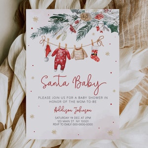 Santa Baby Shower Invitation, Baby Laundry Shower Invite, Christmas Shower Invitation, Baby Clothes, Winter Baby Shower, Editable Template