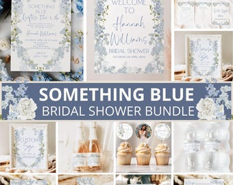 May include: A collection of bridal shower stationery and decorations in shades of blue and white. Includes invitations, welcome signs, cupcake toppers, and labels. The text "Something Blue Bridal Shower Bundle" is displayed prominently.