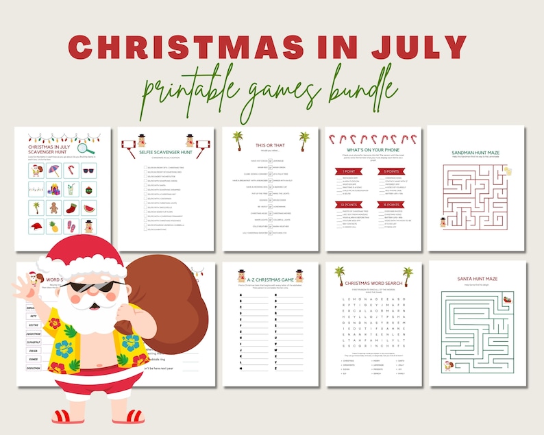 Op de afbeelding: Een printbare bundel met spellen met een kerstthema in juli. De bundel bevat spellen zoals "Dit of Dat", "Selfie-speurtocht", "Wat staat er op je telefoon", "Zandman-doolhof", "Woordzoeker", "A-Z Kerstspel", "Sinterklaas-doolhof" en "Kerstwoordzoeker".