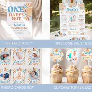May include: A collection of birthday party decorations with a retro sunburst theme. Includes an invitation, welcome sign, photo cards, and cupcake toppers. The invitation reads "One Happy Boy" and "Noah's First Birthday."