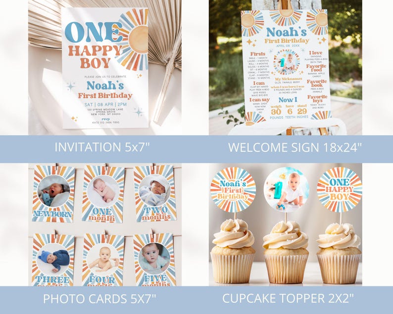 May include: A collection of birthday party decorations with a retro sunburst theme. Includes an invitation, welcome sign, photo cards, and cupcake toppers. The invitation reads "One Happy Boy" and "Noah's First Birthday."