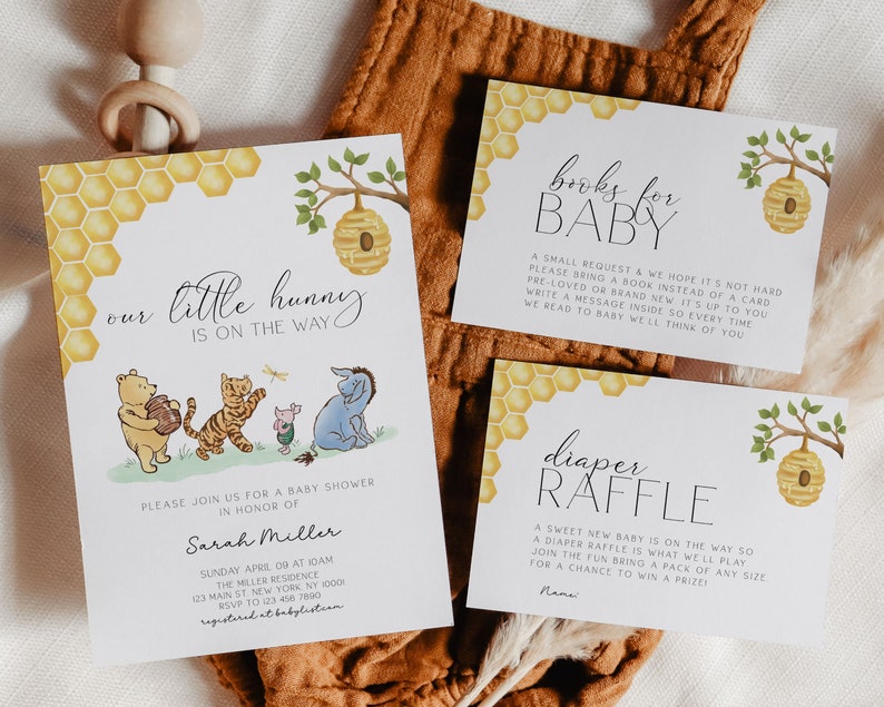 Classic Winnie the Pooh Baby Shower Invitation, Classic Winnie the Pooh Baby Shower Invite, Baby Shower Invitation Neutral, Editable image 1