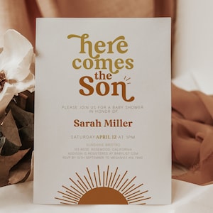 Here Comes the Son Baby Shower Invitation, Sun Baby Shower Invitation, Sunshine Baby Shower Invitation Boy, Here Comes the Son, Editable