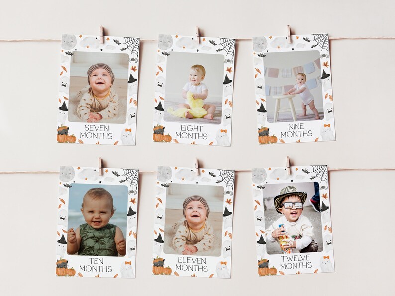 May include: A collection of six Halloween-themed baby milestone photo cards. Each card features a baby photo and the month, from seven to twelve months. The cards are decorated with pumpkins, ghosts, bats, and spiderwebs.