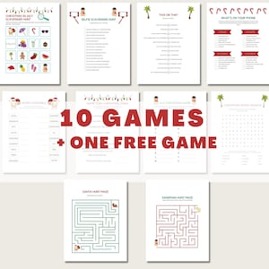 Op de afbeelding: Een printbare set van 10 kerstspellen en &eacute;&eacute;n gratis spel. De spellen omvatten een kerst-speurtocht in juli, een selfie-speurtocht, een dit of dat spel, een wat staat er op je telefoon spel, een woordzoeker, een naam dat kerstlied spel, een A-Z kerstspel, een kerstwoordzoeker, een kerstman-doolhof en een zandman-doolhof.