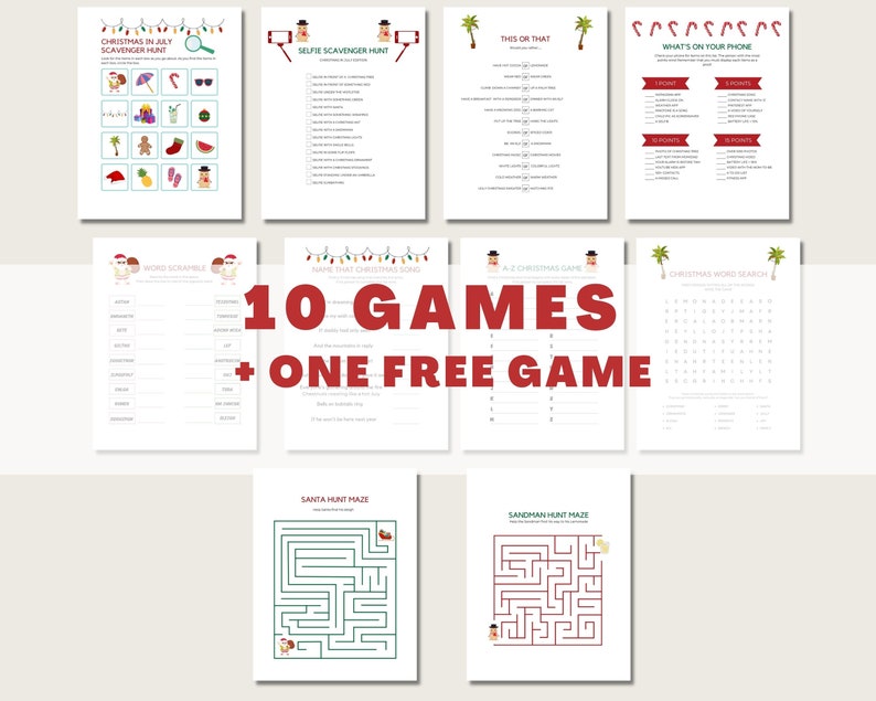 Op de afbeelding: Een printbare set van 10 kerstspellen en &eacute;&eacute;n gratis spel. De spellen omvatten een kerst-speurtocht in juli, een selfie-speurtocht, een dit of dat spel, een wat staat er op je telefoon spel, een woordzoeker, een naam dat kerstlied spel, een A-Z kerstspel, een kerstwoordzoeker, een kerstman-doolhof en een zandman-doolhof.