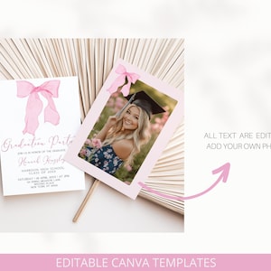 May include: Editable Canva template for a graduation party invitation. The template features a pink bow, a photo placeholder, and the text "Graduation Party" and "Join us in honor of the graduate".