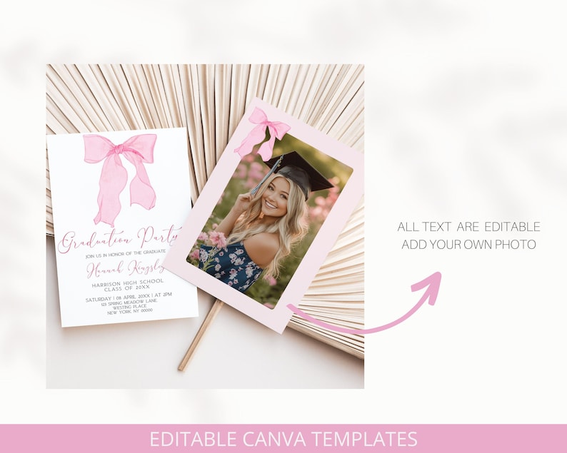 May include: Editable Canva template for a graduation party invitation. The template features a pink bow, a photo placeholder, and the text "Graduation Party" and "Join us in honor of the graduate".