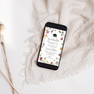 May include: A digital invitation on a smartphone screen with a floral border and the text "Graduation Party" and "Sarah Miller".