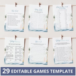 May include: A set of 29 printable baby shower game templates with a tropical theme. The games include "Think Fast", "Baby ABC", "Match the Baby Animals to its Sound", "Baby Trivia", "Who am I?", and "Baby Family Feud".