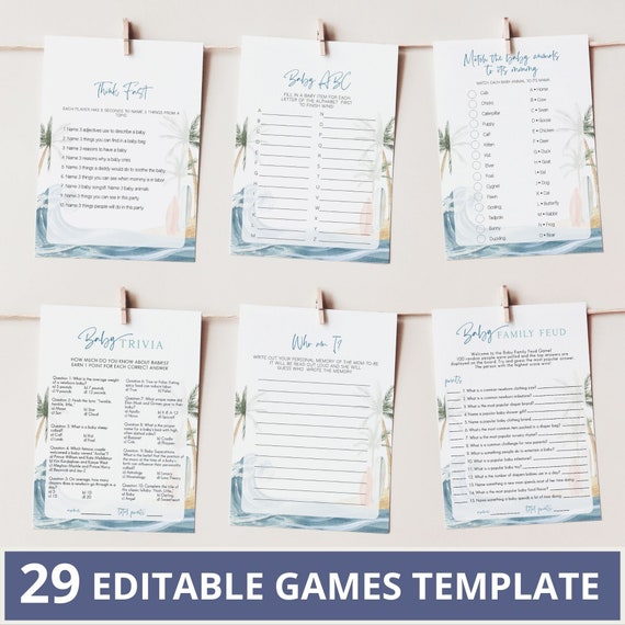 Baby on Board Baby Shower Games Bundle, Baby Shower Games, Surf Baby Shower, Summer Baby Shower Games, Beach Baby Shower, Editable Template