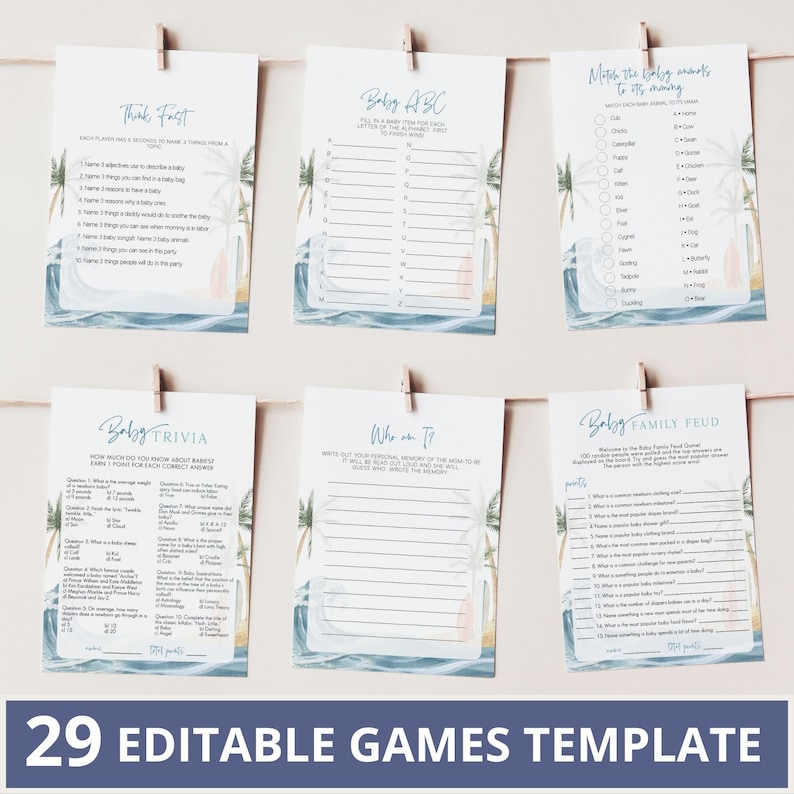 May include: A set of 29 printable baby shower game templates with a tropical theme. The games include "Think Fast", "Baby ABC", "Match the Baby Animals to its Sound", "Baby Trivia", "Who am I?", and "Baby Family Feud".