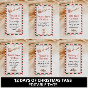 Editable 12 days of Christmas Tags, Christmas Countdown, Tags for Kids, Holiday Gift Tags, Christmas Tags, Editable Template