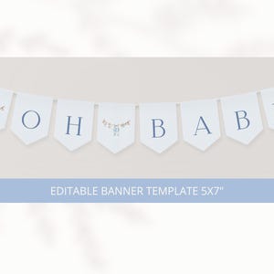 Pu&ograve; includere: Uno striscione a bandierine con bandiere a righe azzurre e bianche con il testo OH BABY in carattere serif blu, intervallato da illustrazioni ad acquerello di vestiti per bambini su un filo. Il testo EDITABLE BANNER TEMPLATE 5X7" &egrave; visibile.