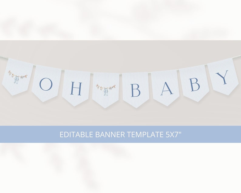 Pu&ograve; includere: Uno striscione a bandierine con bandiere a righe azzurre e bianche con il testo OH BABY in carattere serif blu, intervallato da illustrazioni ad acquerello di vestiti per bambini su un filo. Il testo EDITABLE BANNER TEMPLATE 5X7" &egrave; visibile.
