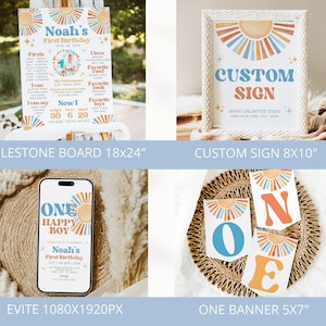 May include: A collection of birthday party decorations featuring a milestone board, custom sign, Evite, and a banner. The designs include a sunburst motif in orange, blue, and yellow. The milestone board is 18x24 inches.