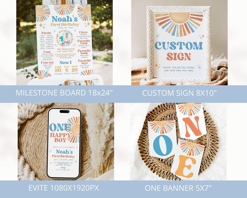 May include: A collection of birthday party decorations featuring a milestone board, custom sign, Evite, and a banner. The designs include a sunburst motif in orange, blue, and yellow. The milestone board is 18x24 inches.