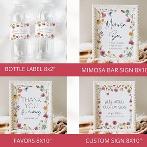 May include: Four printable signs for a bridal shower. The signs feature a floral design with a white background. The signs are labeled "Bottle Label 8x2", "Mimosa Bar Sign 8x10", "Favors 8x10", and "Custom Sign 8x10".