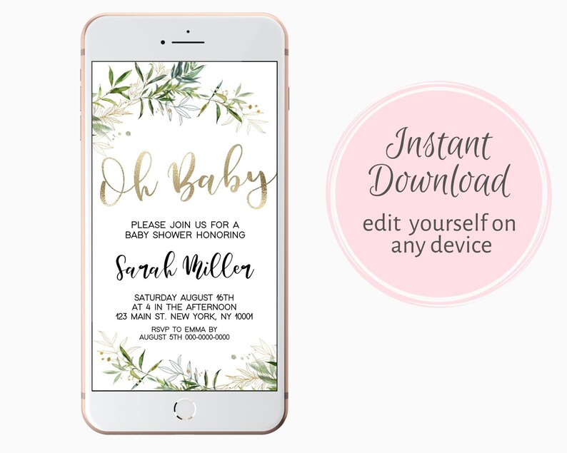 Greenery Oh Baby Baby Shower Invitation Editable Evite Etsy