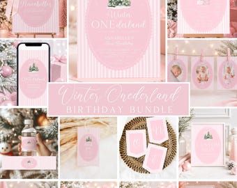 Winter Onederland First Birthday Bundle, Pink Christmas, Birthday Decorations, Girl, Canva Templates