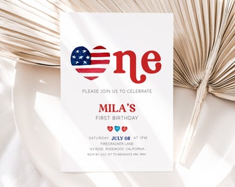 4th Of July 1st Birthday Invitation, 4th of July Invite Birthday, 4th of July Birthday Invitation, 1st Birthday Invitation Girl, Template
