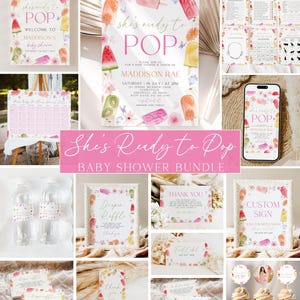 May include: A baby shower bundle with a pink theme, featuring various stationery items. The designs include watercolor popsicles, flowers, and the text "She's Ready to Pop." Items include invitations, signs, and cupcake toppers.
