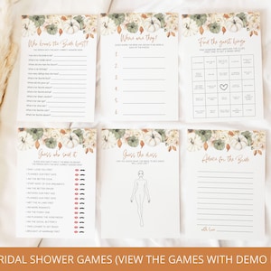 May include: A set of 10 printable bridal shower games featuring a fall theme with pumpkins, leaves, and flowers. The games include "Who Knows the Bride Best?", "Where Were They?", "Find the Guest Bingo", "Guess Who Said It", "Guess the Dress", and "Advice for the Bride".
